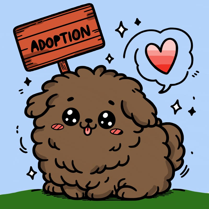 super cute fluffy dog and a sign on the top that say a adoption