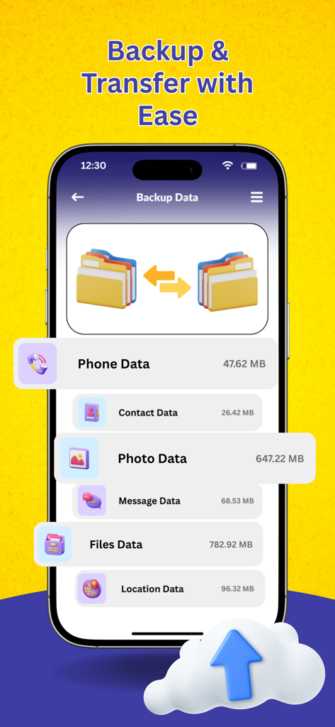 Smartphone interface displaying data backup and transfer categories for photos, contacts, and messages.