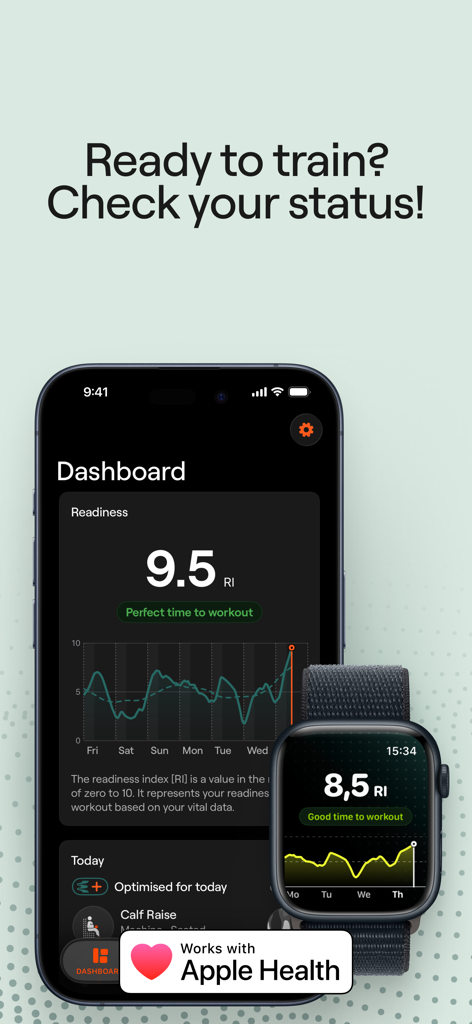 Enode - Enode fitness app dashboard displaying readiness index and training status on iPhone and Apple Watch
