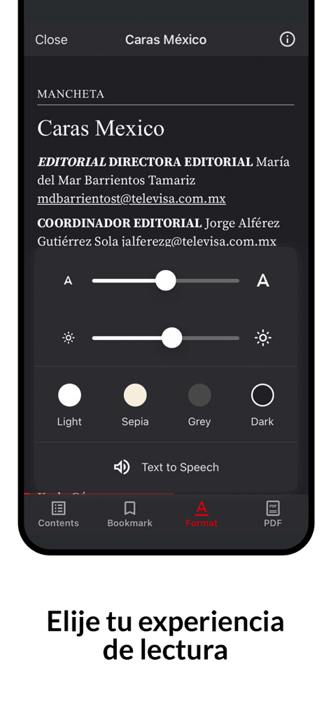 フォントサイズ、明るさ、セピアやダークモードなどのカラーテーマを含む、読書カスタマイズオプションを表示するCaras Mexicoアプリのインターフェース