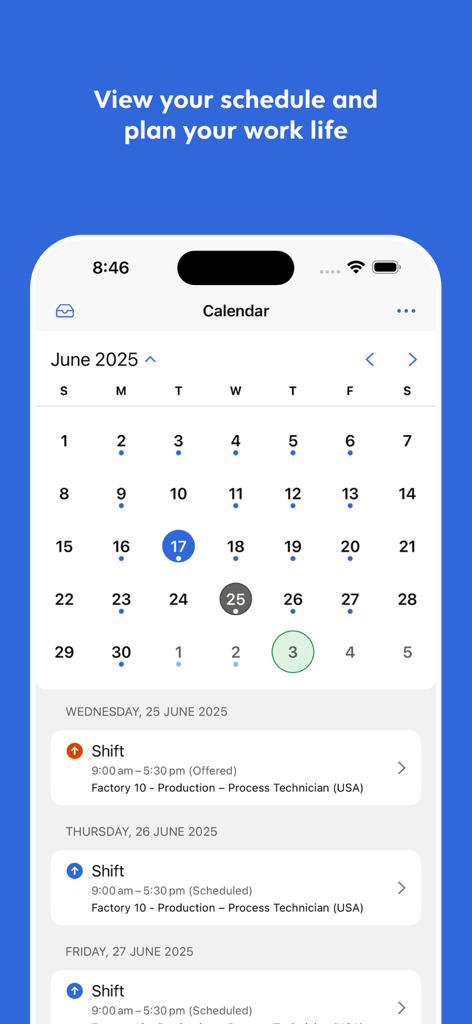 Vue calendrier de l'application Dayforce montrant l'emploi du temps de travail mensuel et les détails des quarts.