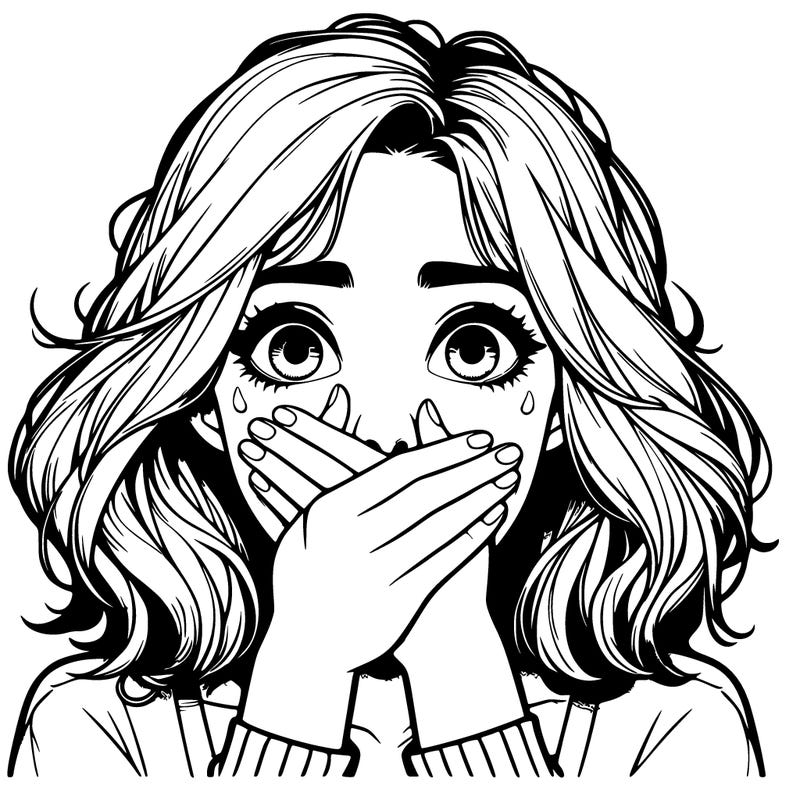 realistic girl covering her mouth with her hand wide eyed in shock and fear