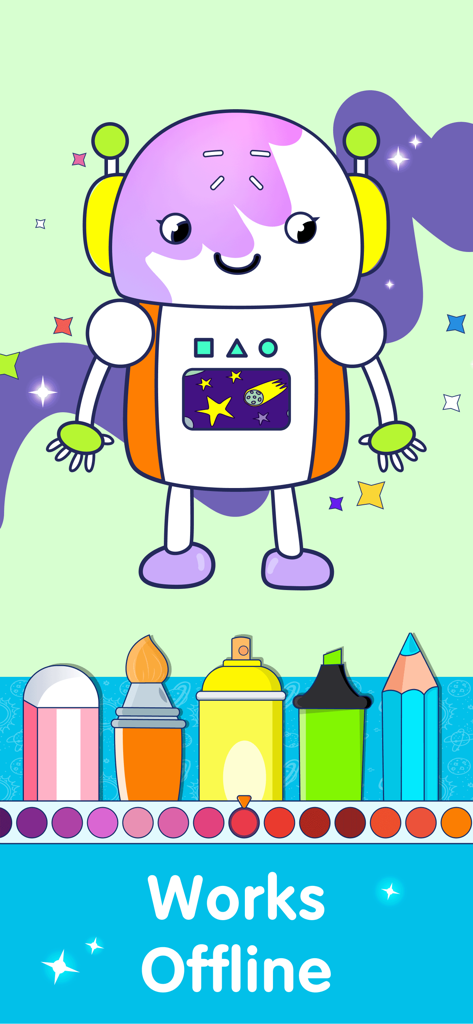 Drawing App Kids Coloring Book - Coloreando un robot con varias herramientas de dibujo en una aplicación para niños que funciona sin conexión.