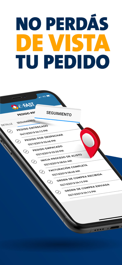 E-Fast - Smartphone affichant l'interface de suivi de commande de l'application E-Fast avec les mises à jour de statut en espagnol.