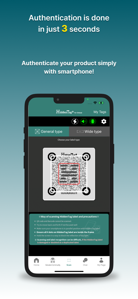 HiddenTag Global - HiddenTag Global 앱의 스마트폰 인터페이스에 제품 라벨을 스캔하여 진품 인증 중인 모습 표시