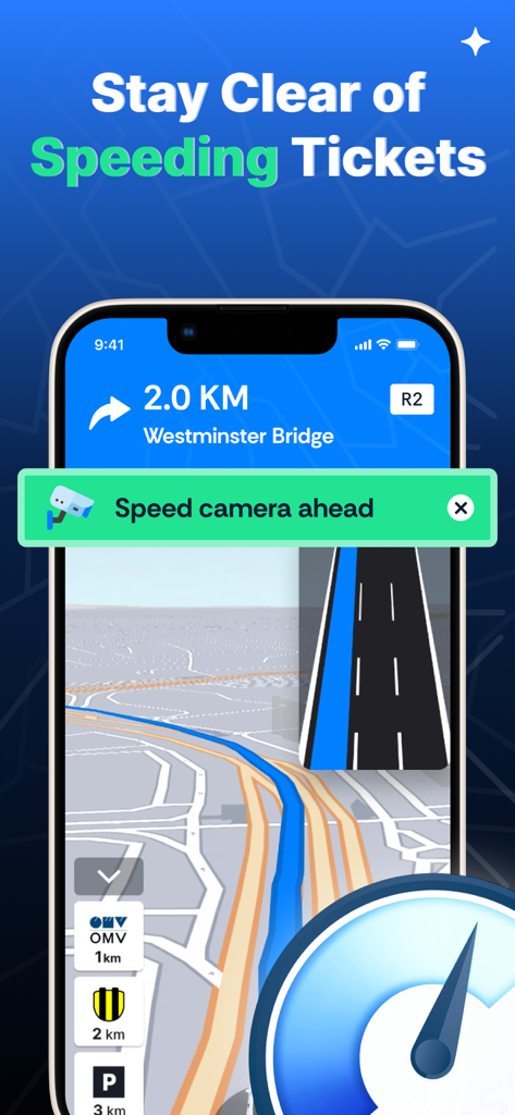 GPS Navigation & Offline Maps - Smartphone showing a GPS navigation app with a speed camera ahead alert notification