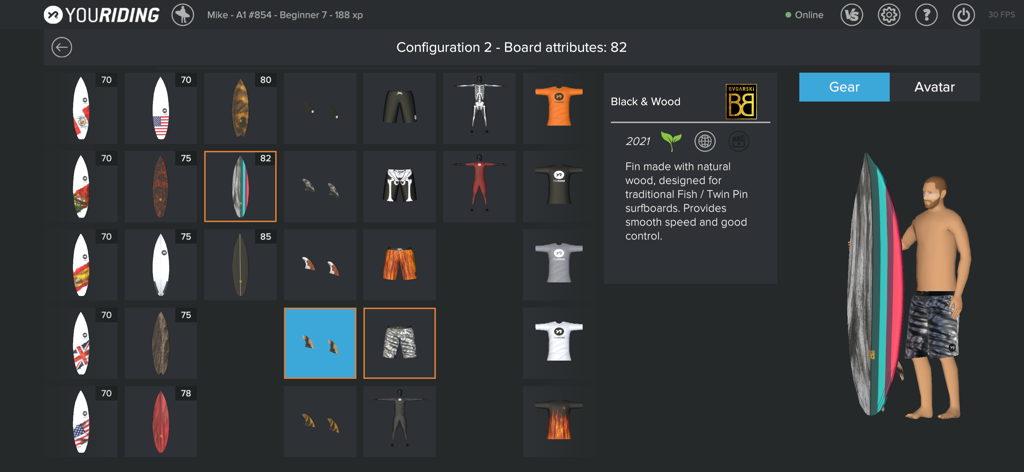 YouRiding - Surf and Bodyboard - Surfboard and gear customization screen with an avatar preview in the YouRiding app