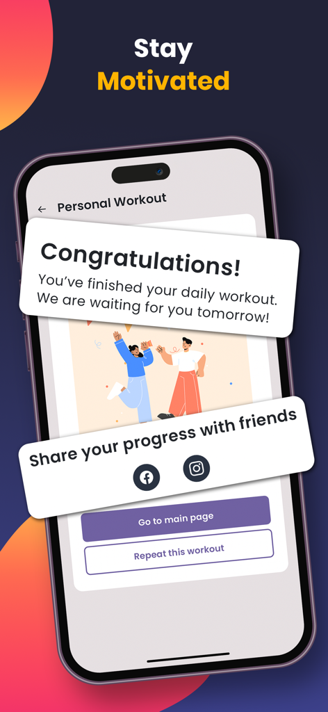 Wall Pilates: Fit Weight Loss - Workout completion screen with share progress options in the Wall Pilates app