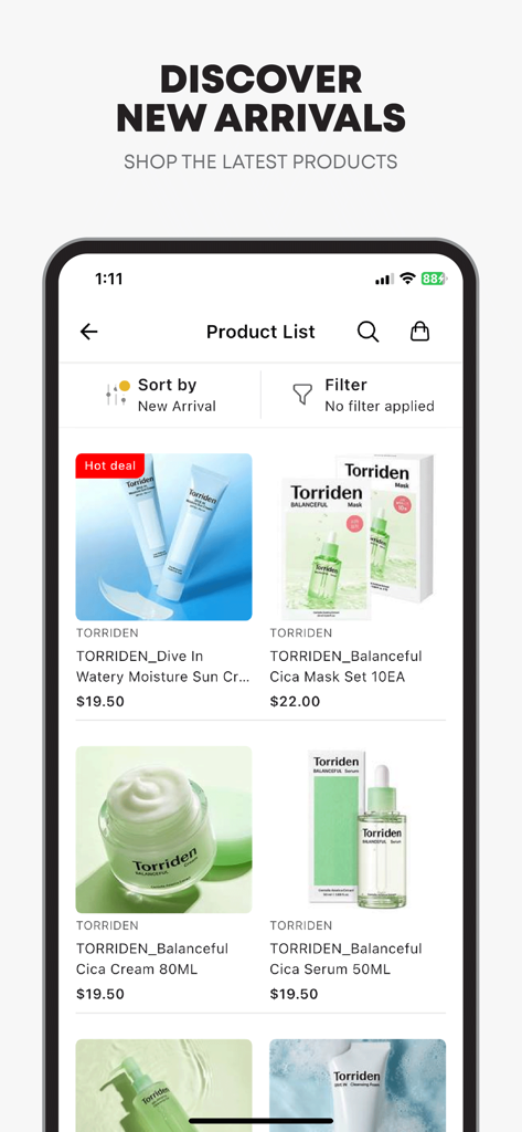 GOODY SHOPモバイルアプリで韓国のスキンケアの入荷が表示された製品リストページ