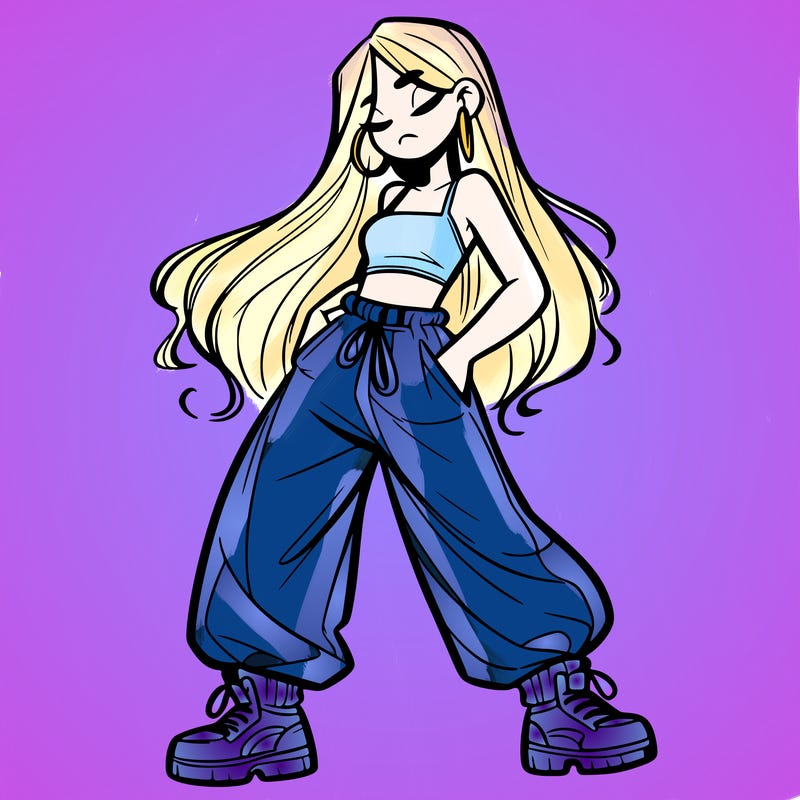 girl in baggy pants crop top and long hair