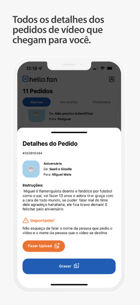 Hello Fan Idolo app showing details and instructions for a personalized video request.