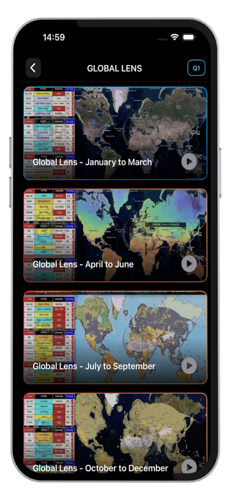 Global Disasters Early Warning - Global Lens screen displaying seasonal disaster risk maps for each quarter of the year.