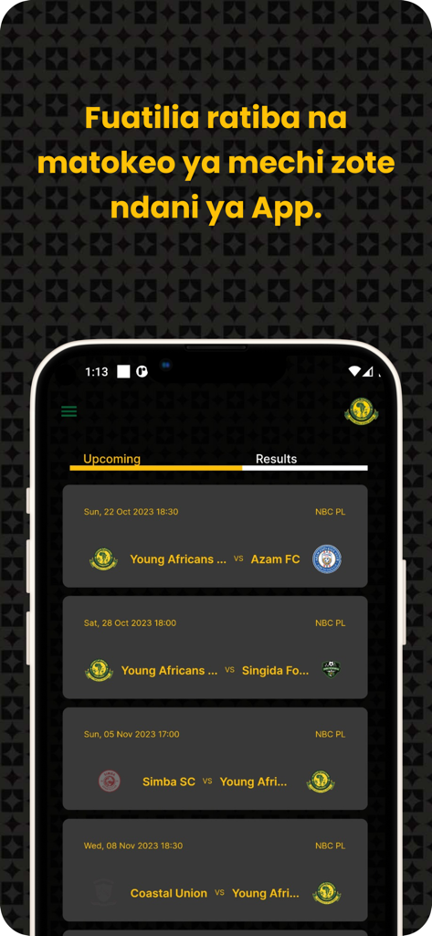 Yanga SC app interface showing upcoming football match fixtures for Young Africans Sports Club.