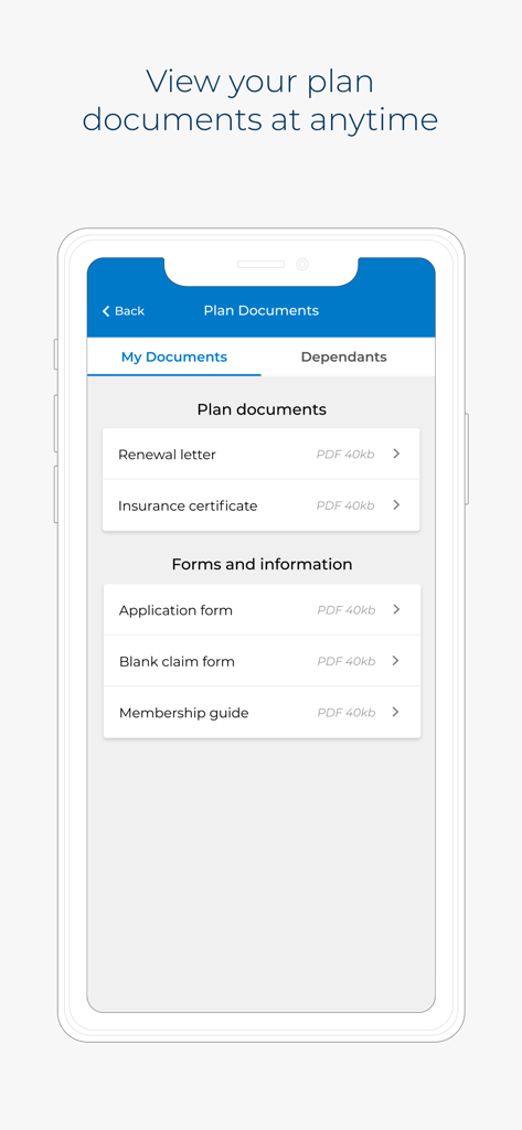 Bupa Global MembersWorld - A screenshot of the Bupa Global MembersWorld app showing the plan documents screen with links to insurance certificates and forms.