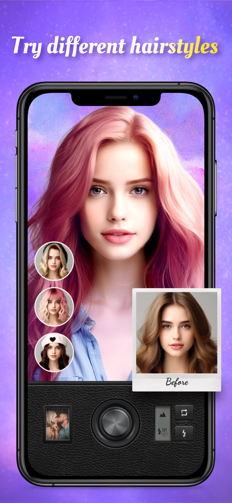 Magic Cam - Face Photo Editor - Magic Cam app interface showing a pink hair color filter transformation with a before and after comparison