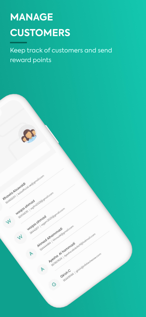 Bildschirm der Foloosi Business App zur Verwaltung von Kunden und zur Verfolgung von Bonuspunkten