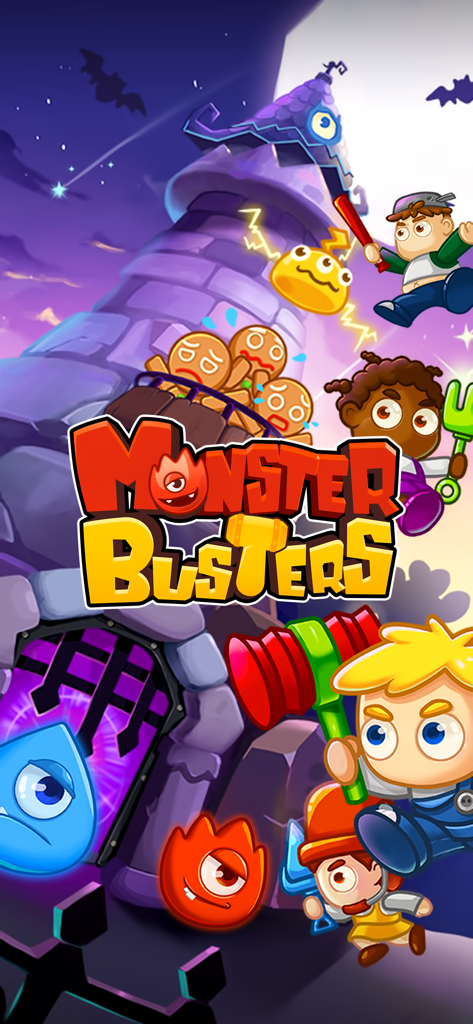Monster Busters:Match 3 Puzzle - Monster Busters match 3 puzzle game characters climbing a stone tower to rescue gingerbread cookies