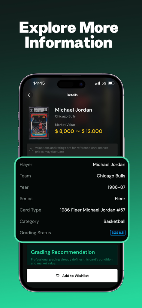 CardSnap - Sports Card Scanner - CardSnap app screen displaying details and market value for a Michael Jordan Fleer basketball card.