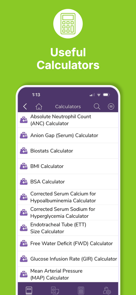 Lista de calculadoras clínicas no aplicativo Sanford Guide Pediátrico.