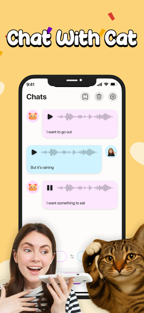 Cat Translator: Human to Cat. - Interfaccia dell'app Cat Translator che mostra una chat simulata tra un umano e un gatto