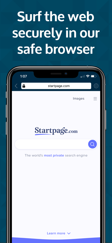 Mobile Security Protection App - Écran d'iPhone montrant la fonction de navigateur sécurisé de l'application de protection de sécurité mobile avec un moteur de recherche privé