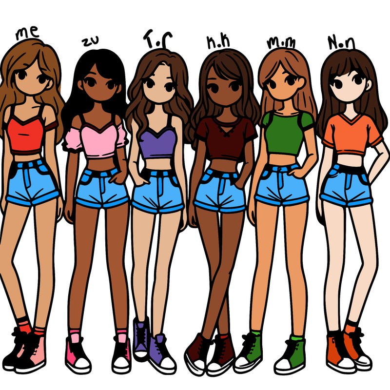 a group of girls wearing crop tops and shorts