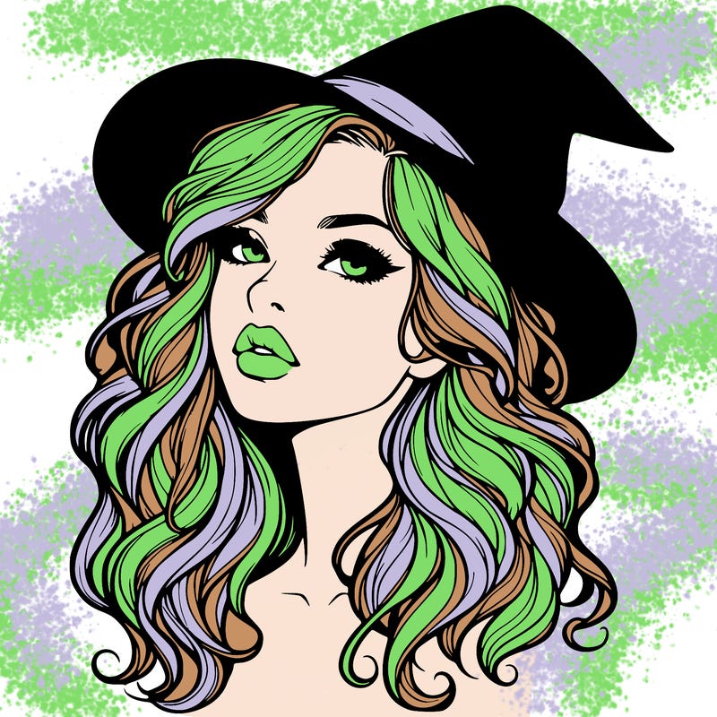 realistic witch girl with wavy hair and lips