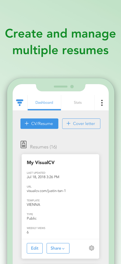 VisualCV Resume Builder - Tableau de bord de l'application VisualCV montrant les options de création et de gestion de plusieurs CV et lettres de motivation.