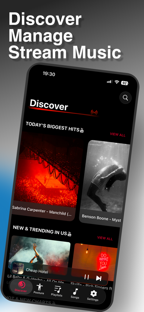 PoseMusic-Offline Music Player - Interface of the PoseMusic app showing the discover page with trending music hits