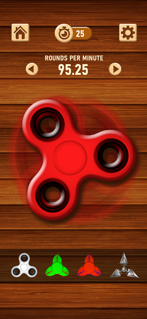 A red fidget spinner spinning on a wooden background in an antistress mobile game