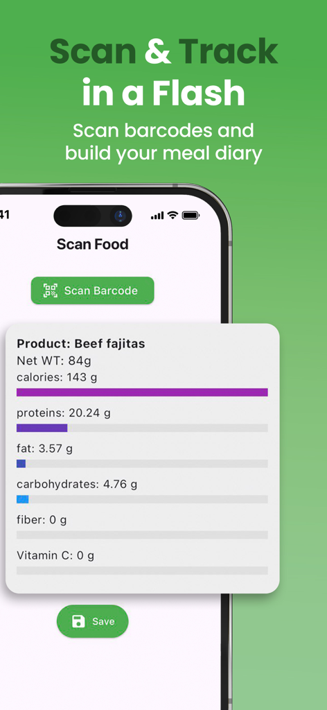 NutriScan: AI Calorie Counter - Interfaz de la aplicación NutriScan mostrando macros nutricionales y calorías después de escanear un código de barras