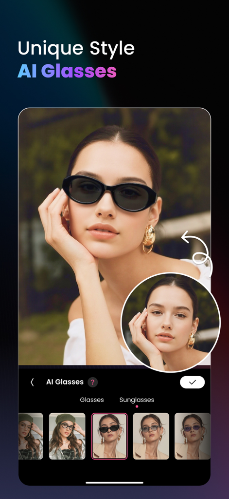 Pearla - AI Photo Generator - A woman using the AI glasses virtual try-on feature in the Pearla app.
