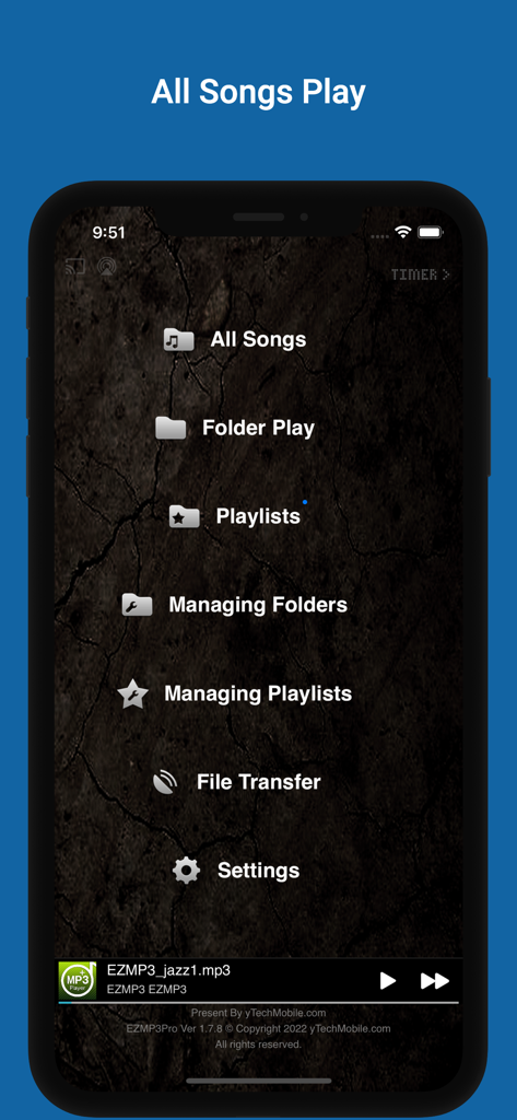 Menu principale dell'app EZMP3 Player Pro con opzioni per la riproduzione da cartella, trasferimento file e gestione musicale
