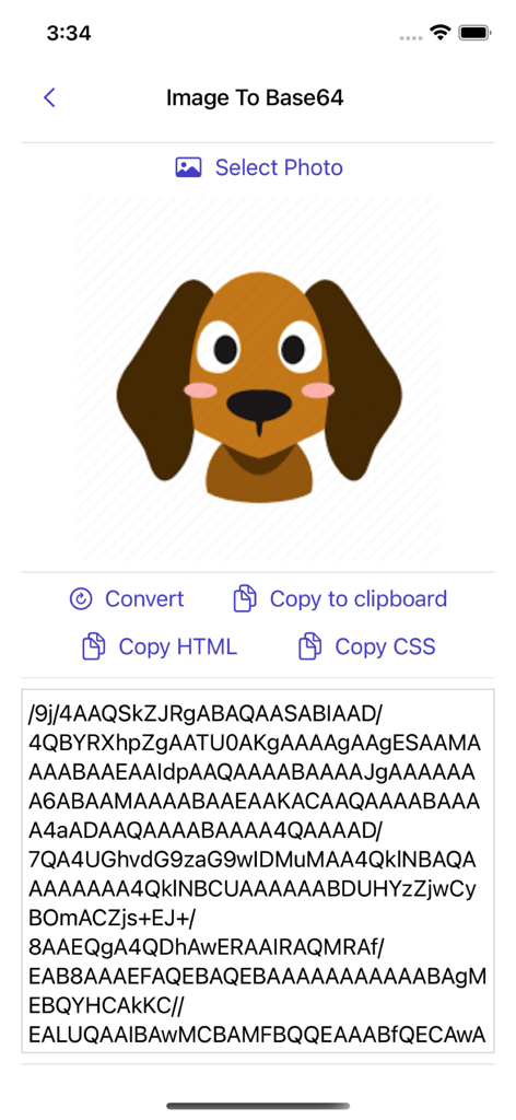 Image to Base64 Plus - Interface of Image to Base64 Plus app showing an image of a dog converted into a Base64 text string with copy options.