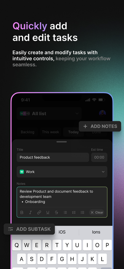Blitzit App - Blitzit app mobile interface showing how to quickly add and edit tasks with notes and time estimates