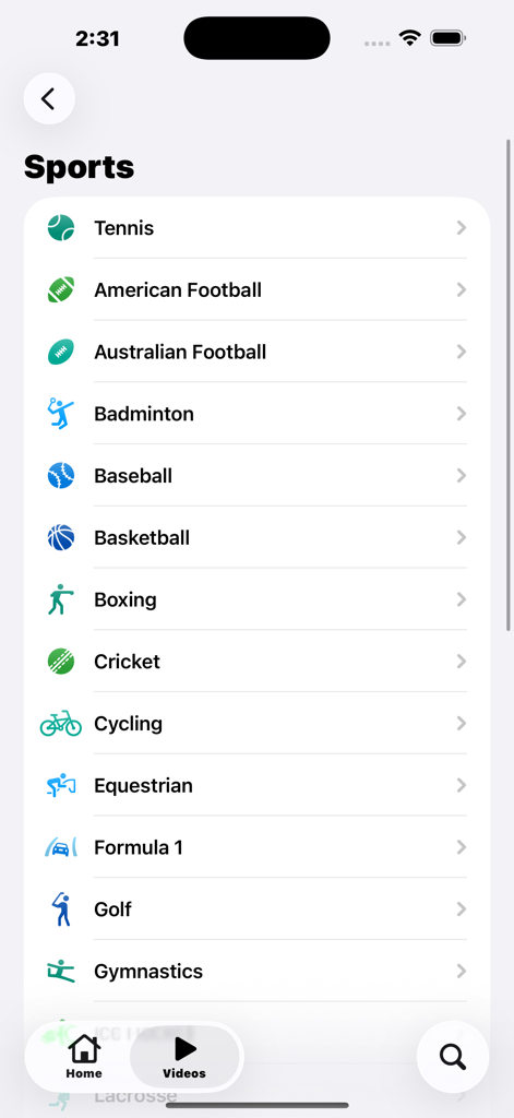 Eden: Watch Video, Meet People - A list of sports categories including Tennis Basketball and Football in the Eden app interface