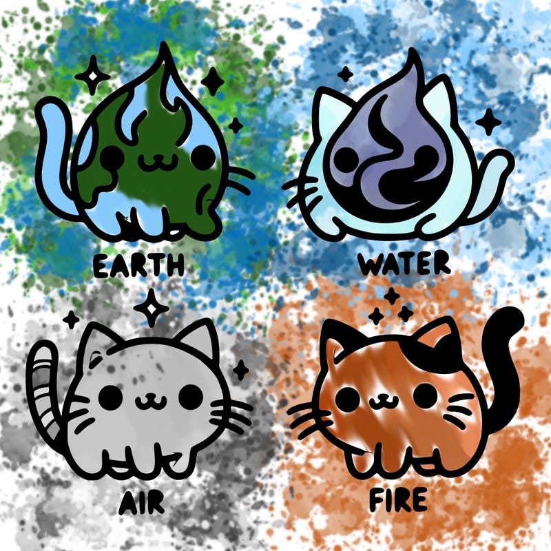 4 cats that represent the different elements, earth, water, air, and fire