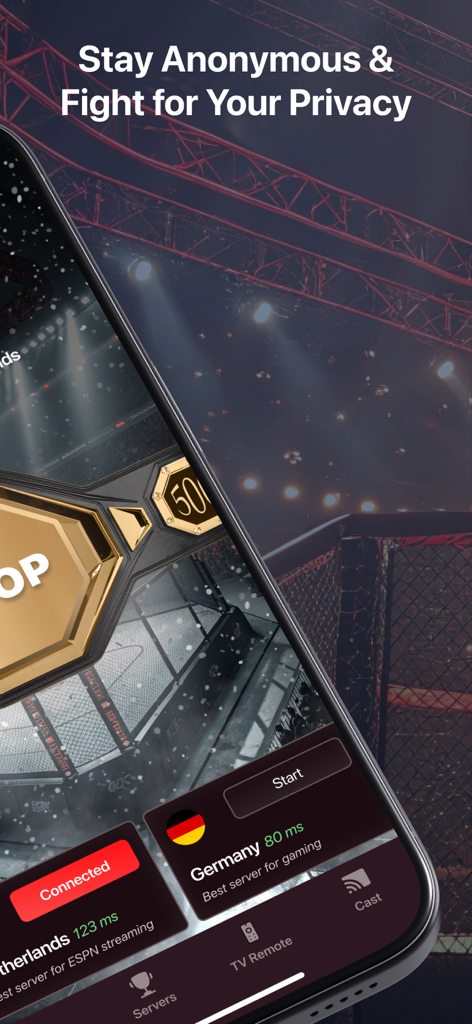 FightNet VPN - Interfaz de FightNet VPN mostrando opciones de servidor para streaming deportivo y juegos con un fondo de jaula de MMA