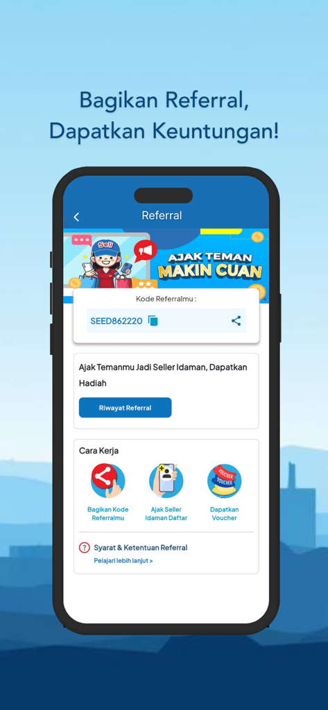 INDOPAKET app referral screen displaying a referral code and steps to earn vouchers by inviting new sellers.