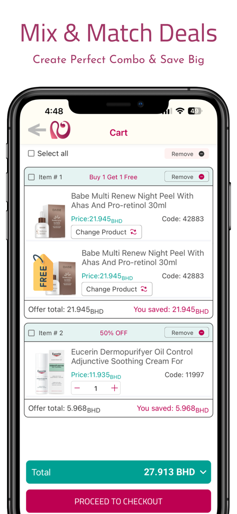 Nasser Pharmacy - Shopping cart screen in the Nasser Pharmacy app showing mix and match deals and checkout options