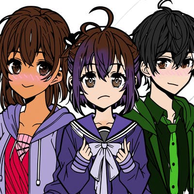 three anime girls and one anime girl with short hair and two anime boys