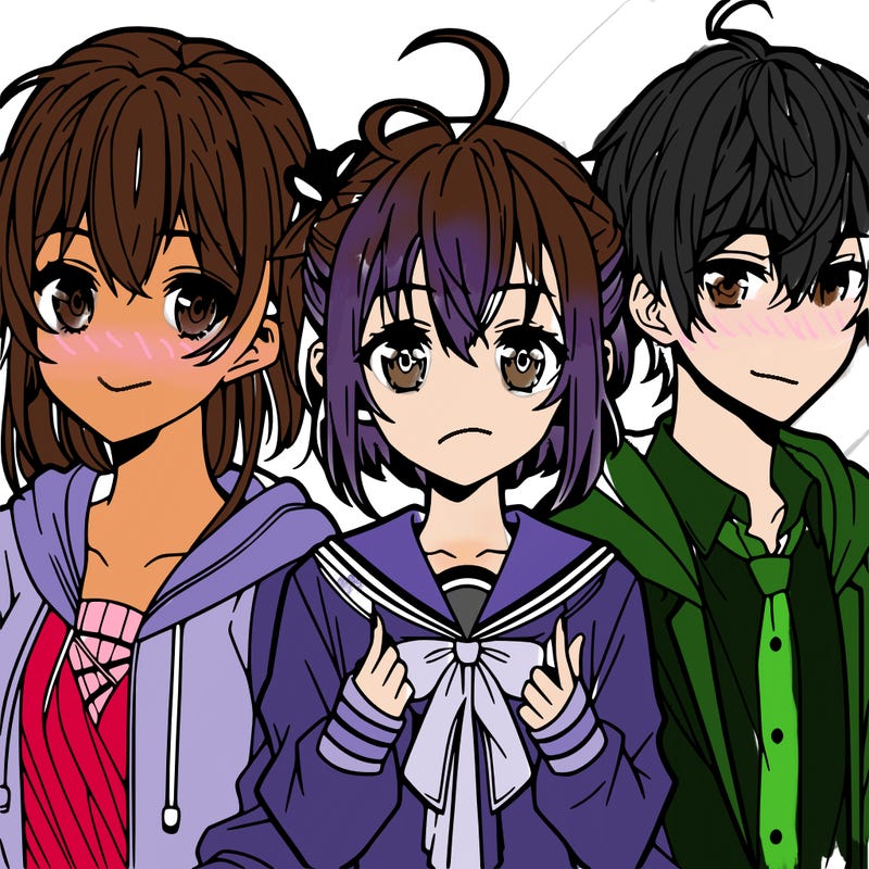 three anime girls and one anime girl with short hair and two anime boys