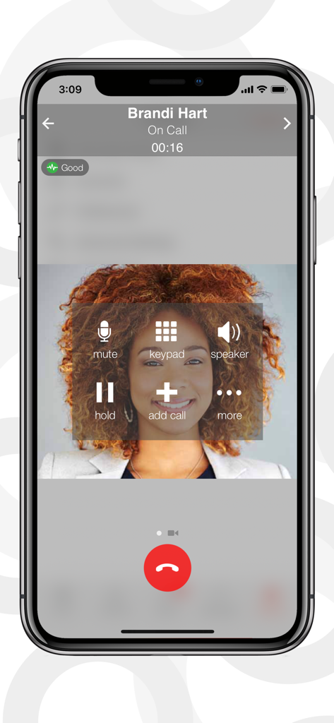 Bria Enterprise active call screen showing call controls and duration