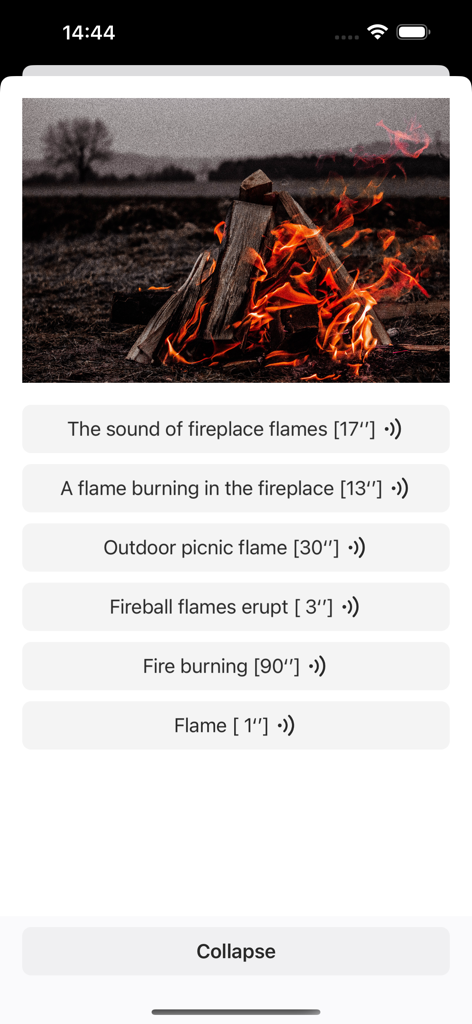 SoundHub - No Ads - Interface of the SoundHub app showing a campfire image and various fire sound options for kids and sleep