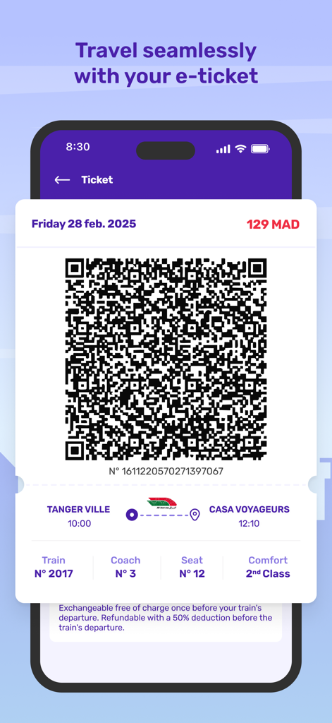 ONCF Voyages - Pantalla de la app ONCF Voyages que muestra un billete de tren digital con un código QR para un viaje entre Tánger y Casablanca.