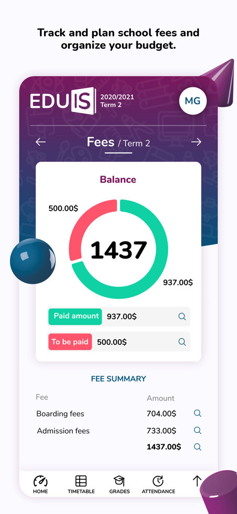 Interface de l'application mobile Eduis montrant le solde des frais de scolarité et le résumé des paiements.