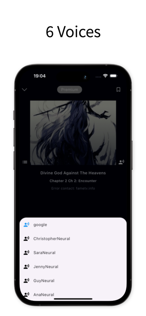 NovelFull Audio - Interface of NovelFull Audio app showing six different voice narration options for a web novel