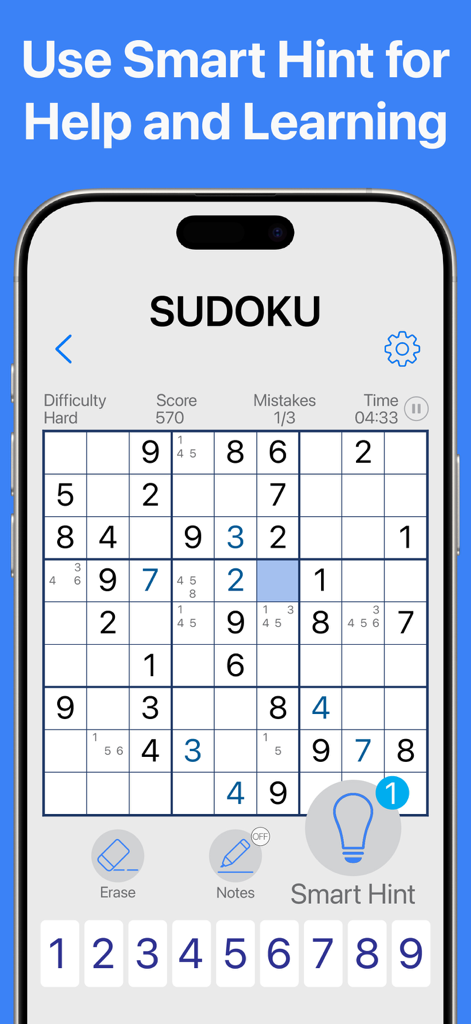 Sudoku No Ads - 스마트 힌트 버튼과 어려운 난이도를 특징으로 하는 스마트폰의 스도쿠 게임