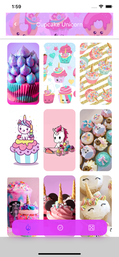 Unicorn Wallpaper HD - A mobile app screen showing a grid of cute cupcake themed unicorn wallpapers for kids.