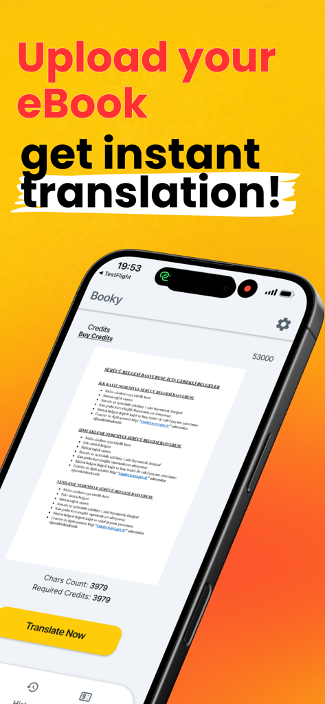 eBook Translator Booky - Smartphone mostrando la interfaz de la aplicación eBook Translator Booky con un documento listo para ser traducido